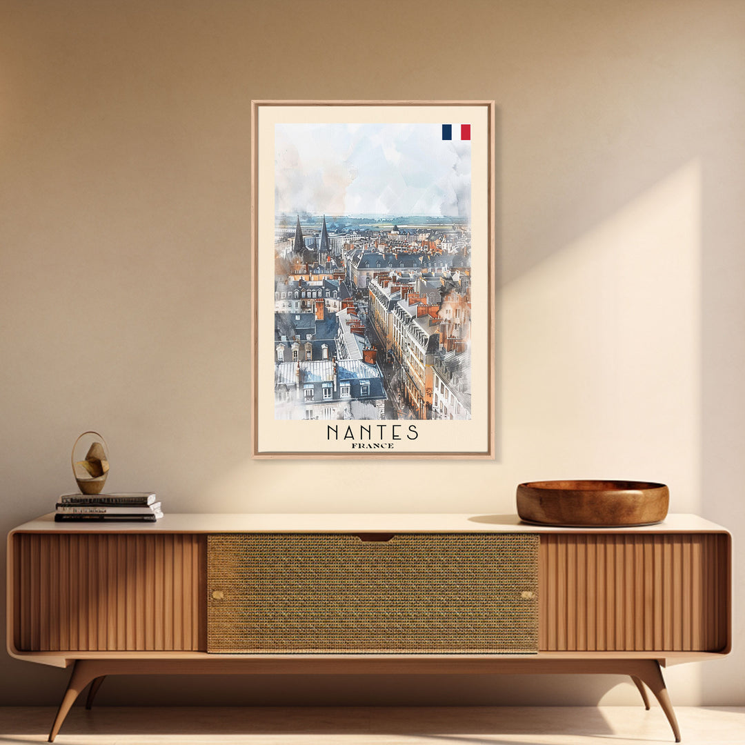 Nantes France Travel Poster Framed Canvas Print, Cityscape Watercolor Painting, Wall Art, Home Decor, Vacation Art, Urban Art, Unique Art