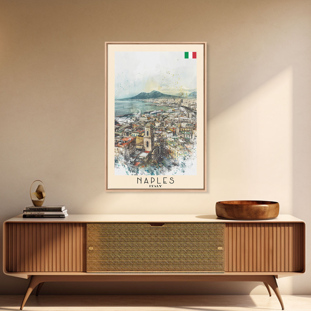 Naples Italy Framed Canvas Print, Scenic Travel Poster, Watercolor Painting, Coastal Wall Art, Home Decor, Vacation Art, Unique Art