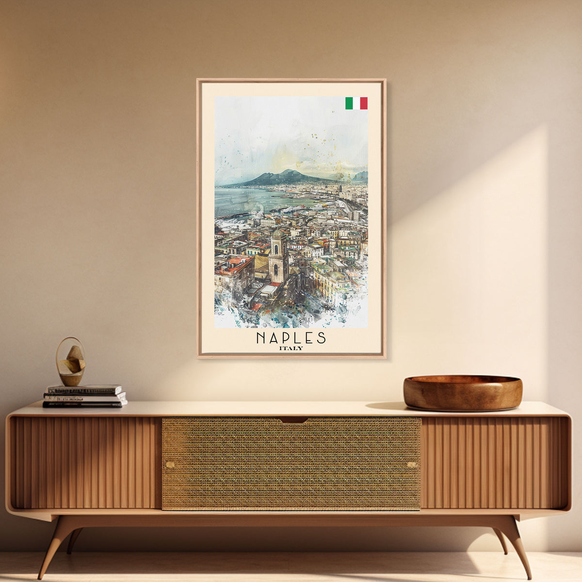 Naples Italy Framed Canvas Print, Scenic Travel Poster, Watercolor Painting, Coastal Wall Art, Home Decor, Vacation Art, Unique Art