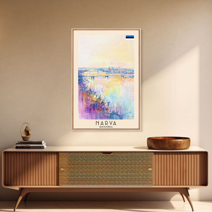 Narva Estonia Framed Canvas Print, Sunset Travel Poster, Watercolor Painting, Scenic Wall Art, Home Decor, Vacation Art, Unique Art