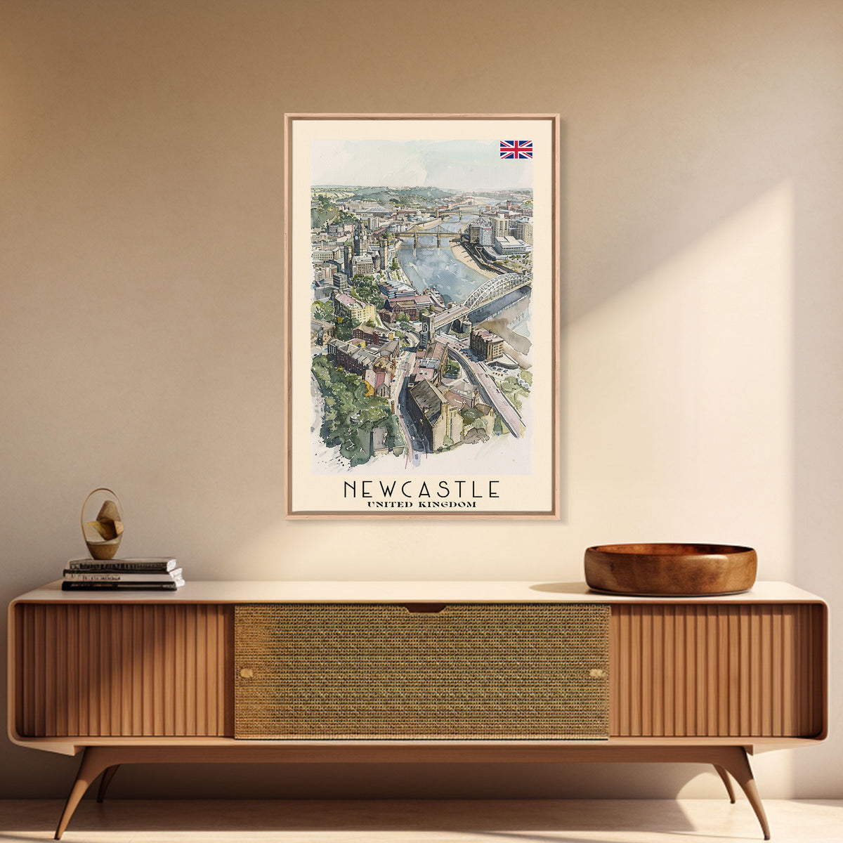 Newcastle United Kingdom Framed Canvas Print, Urban Travel Poster, Watercolor Painting, Cityscape Wall Art, Home Decor, Unique Art