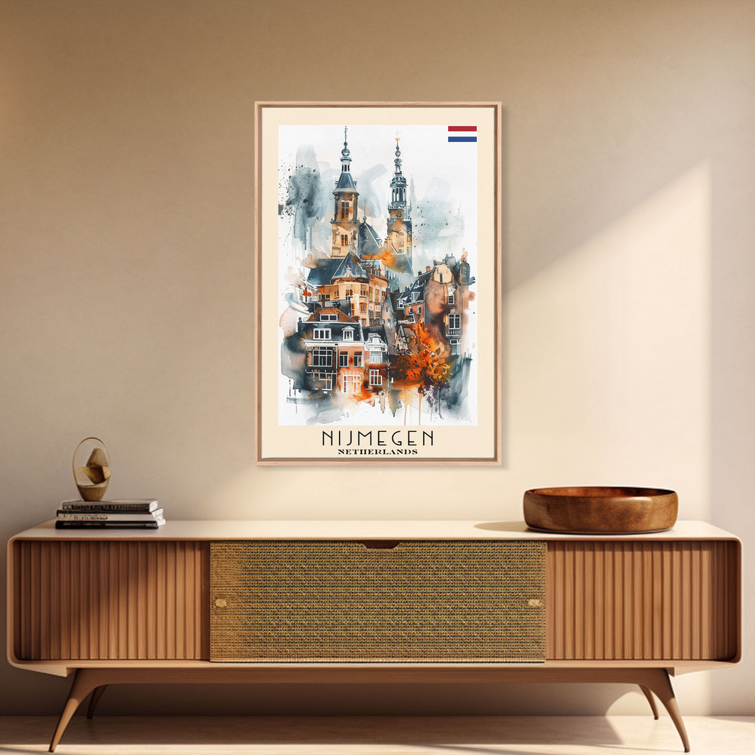Nijmegen Netherlands Framed Canvas Print, Urban Travel Poster, Watercolor Painting, Architectural Wall Art, Home Decor, Unique Art
