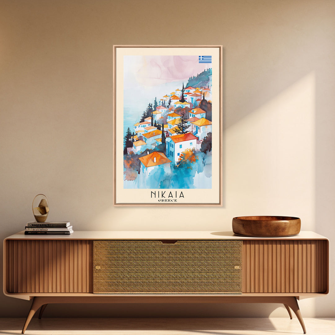 Nikaia Greece Framed Canvas Print, Boho Travel Poster, Watercolor Painting, Wall Art, Home Decor, Greek Scenery, Mediterranean Style