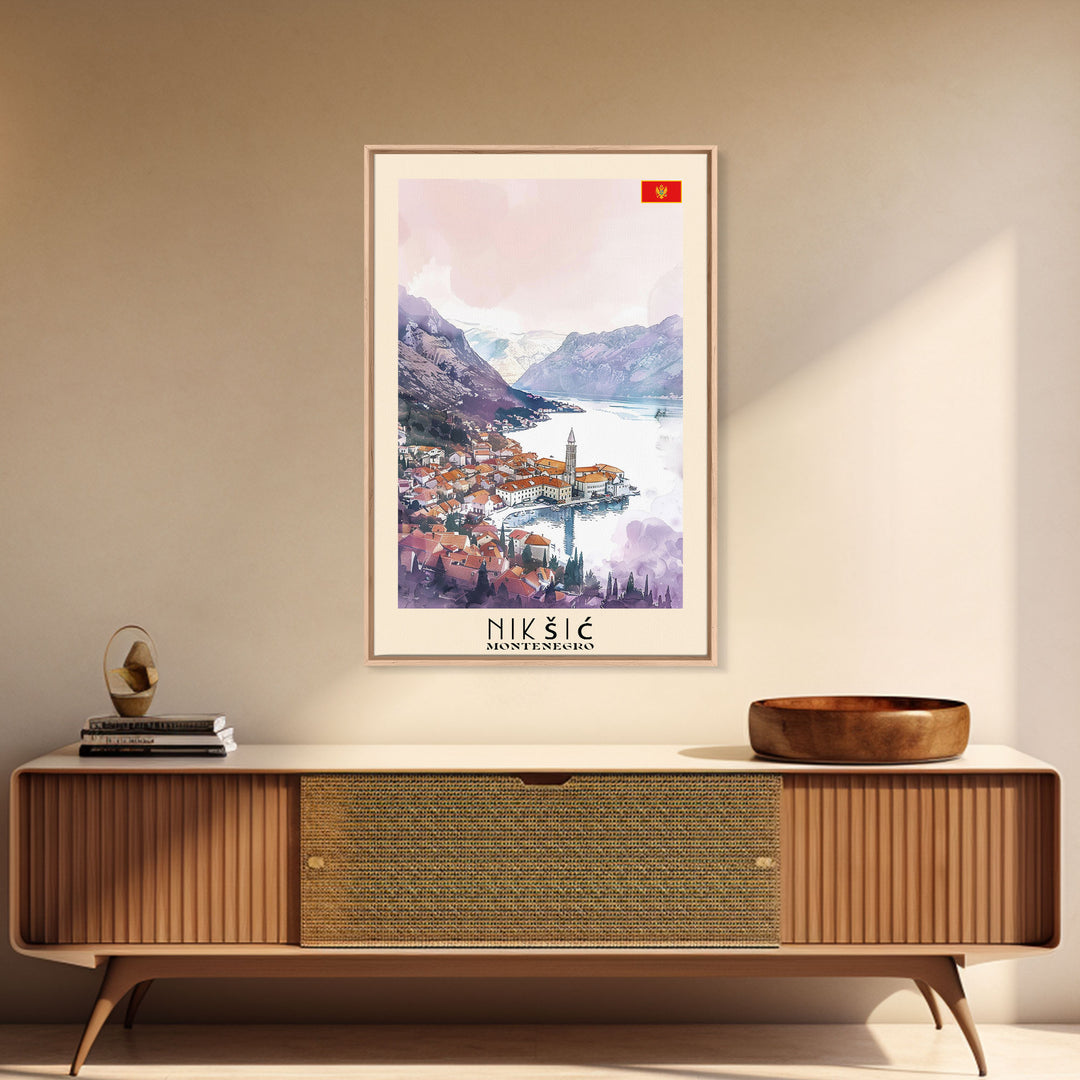 Niksic Montenegro Framed Canvas Print, Scenic Travel Poster, Watercolor Painting, Wall Art, Home Decor, Montenegro Landscape, Rustic Decor