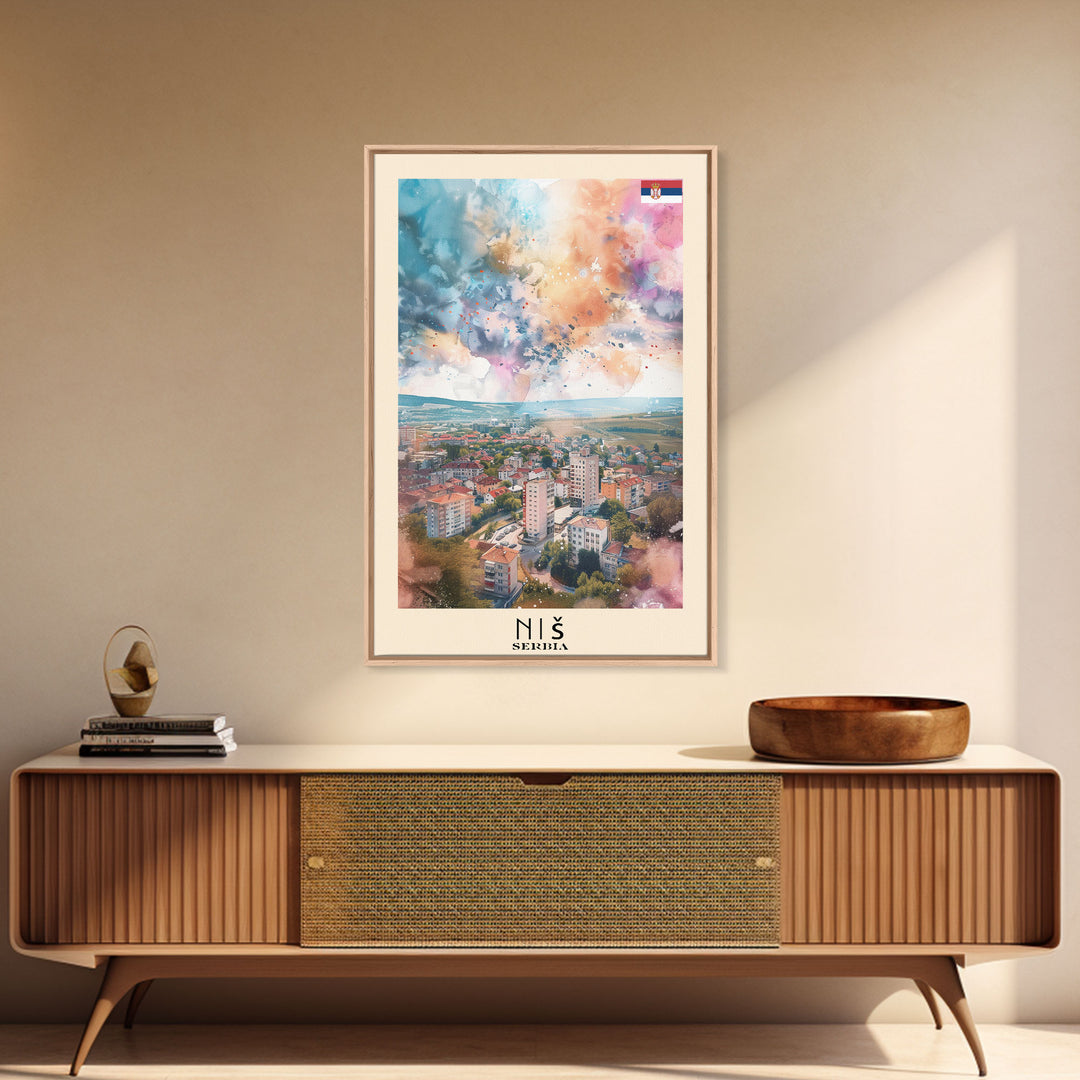 Nis Serbia Framed Canvas Print, Historic Travel Poster, Watercolor Painting, Wall Art, Home Decor, Serbian Culture, Vintage Art