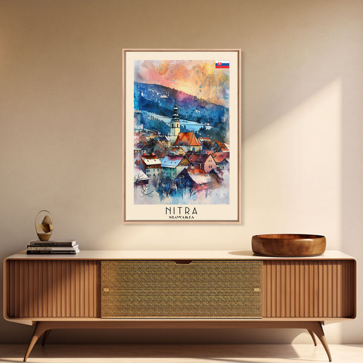 Nitra Slovakia Framed Canvas Print, Scenic Travel Poster, Watercolor Painting, Wall Art, Home Decor, Slovakian Landscape, Modern Art