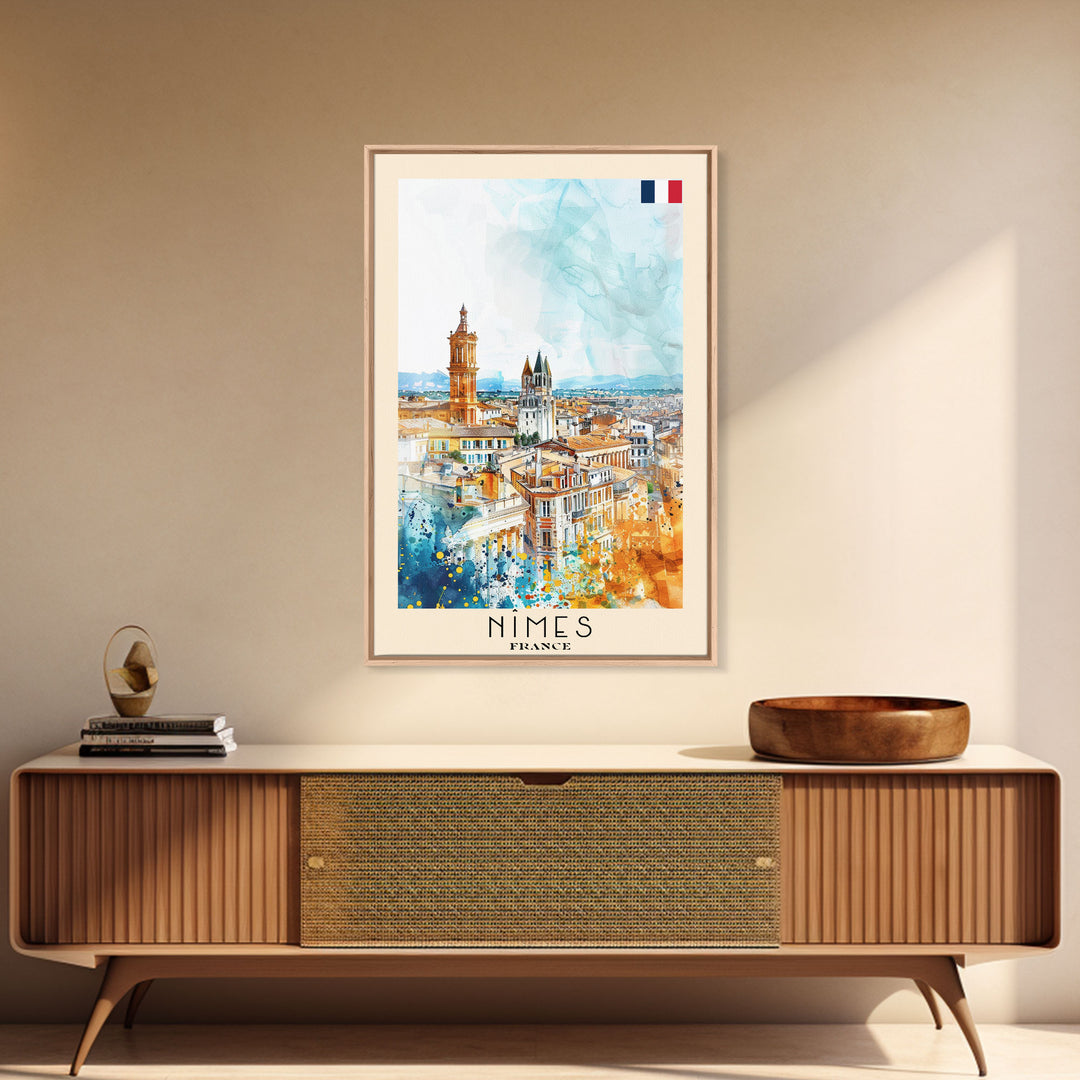 Nîmes France Framed Canvas Print, Historic Travel Poster, Watercolor Painting, Wall Art, Home Decor, French Architecture, Vintage Style