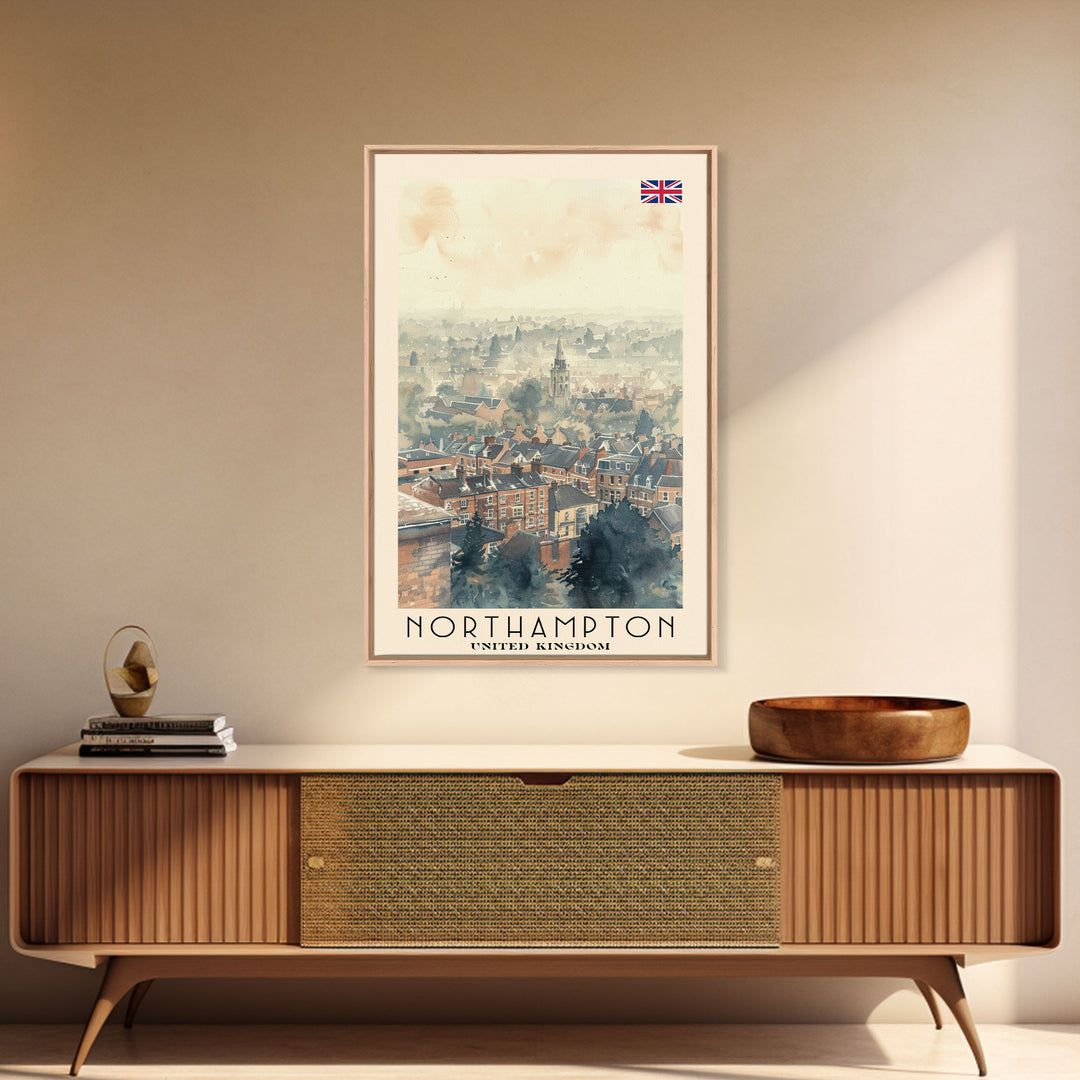 Northampton United Kingdom Travel Poster Framed Canvas Print, Watercolor Painting, Scenic Wall Art, Home Decor, British Landscape, Classic Art