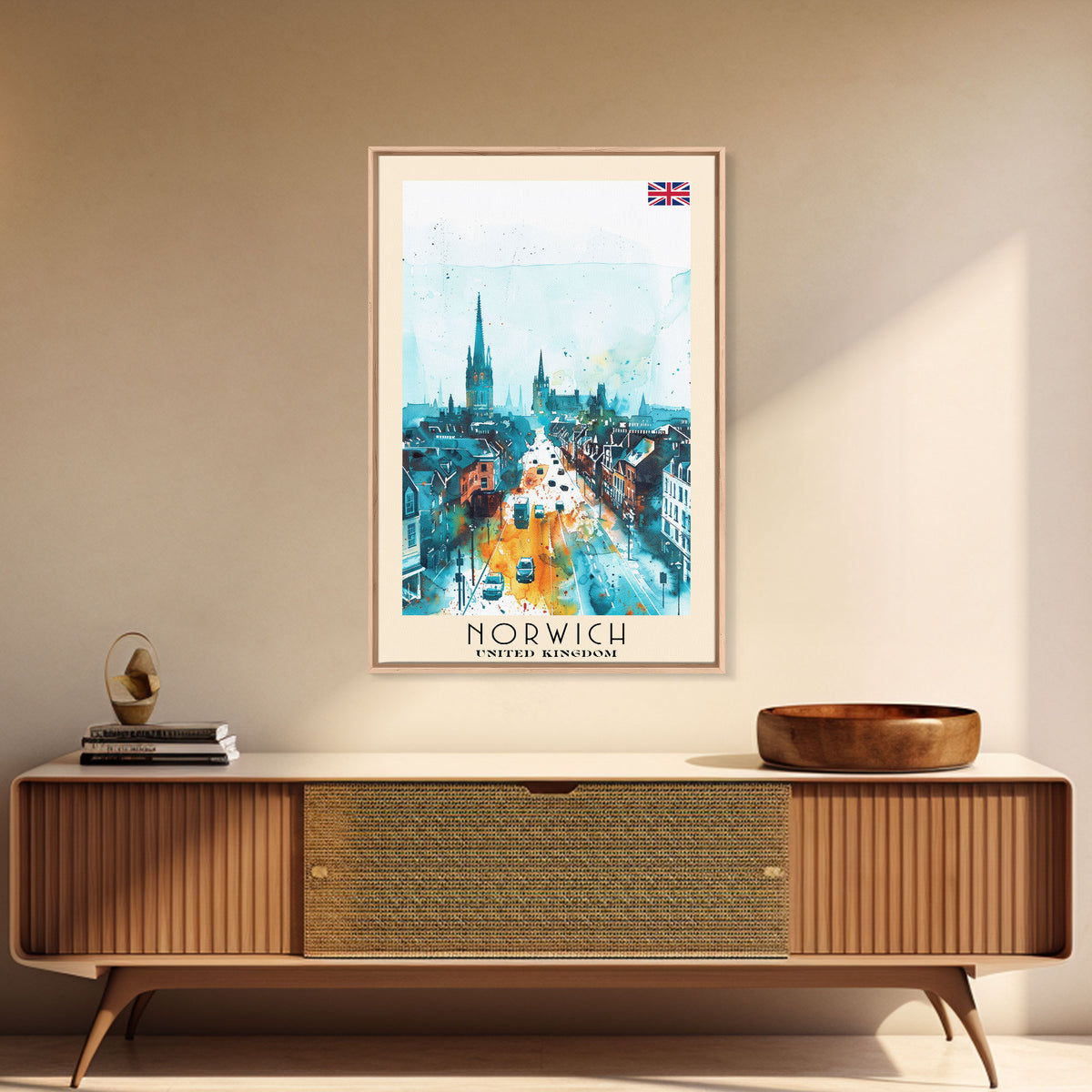 Norwich United Kingdom Travel Poster Framed Canvas Print, Watercolor Painting, Historic Wall Art, Home Decor, British Architecture, Artistic Decor