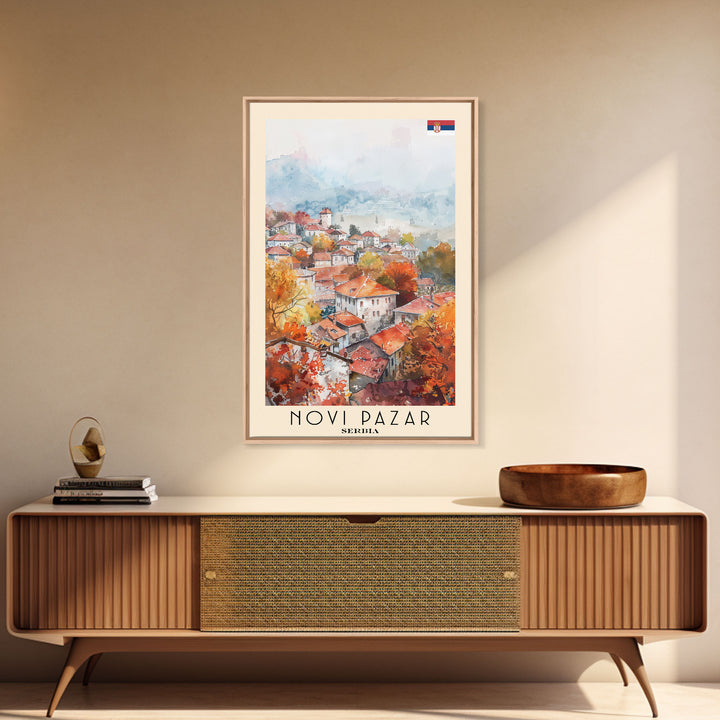 Novi Pazar Serbia Travel Poster Framed Canvas Print, Watercolor Painting, Scenic Wall Art, Home Decor, Serbian Landscape, Cultural Art