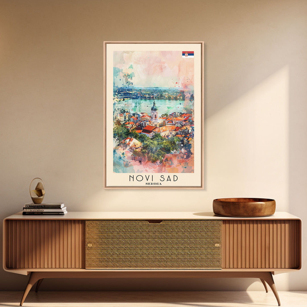 Novi Sad Serbia Travel Poster Framed Canvas Print, Watercolor Painting, Scenic Wall Art, Home Decor, Serbian Cityscape, Historic Art