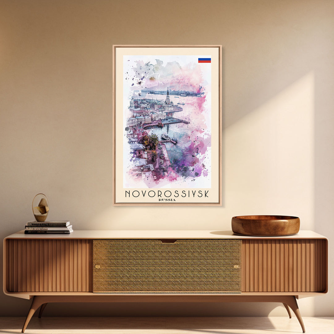 Novorossiysk Russia Travel Poster Framed Canvas Print, Watercolor Painting, Scenic Wall Art, Home Decor, Russian Coastal Scene, Classic Art