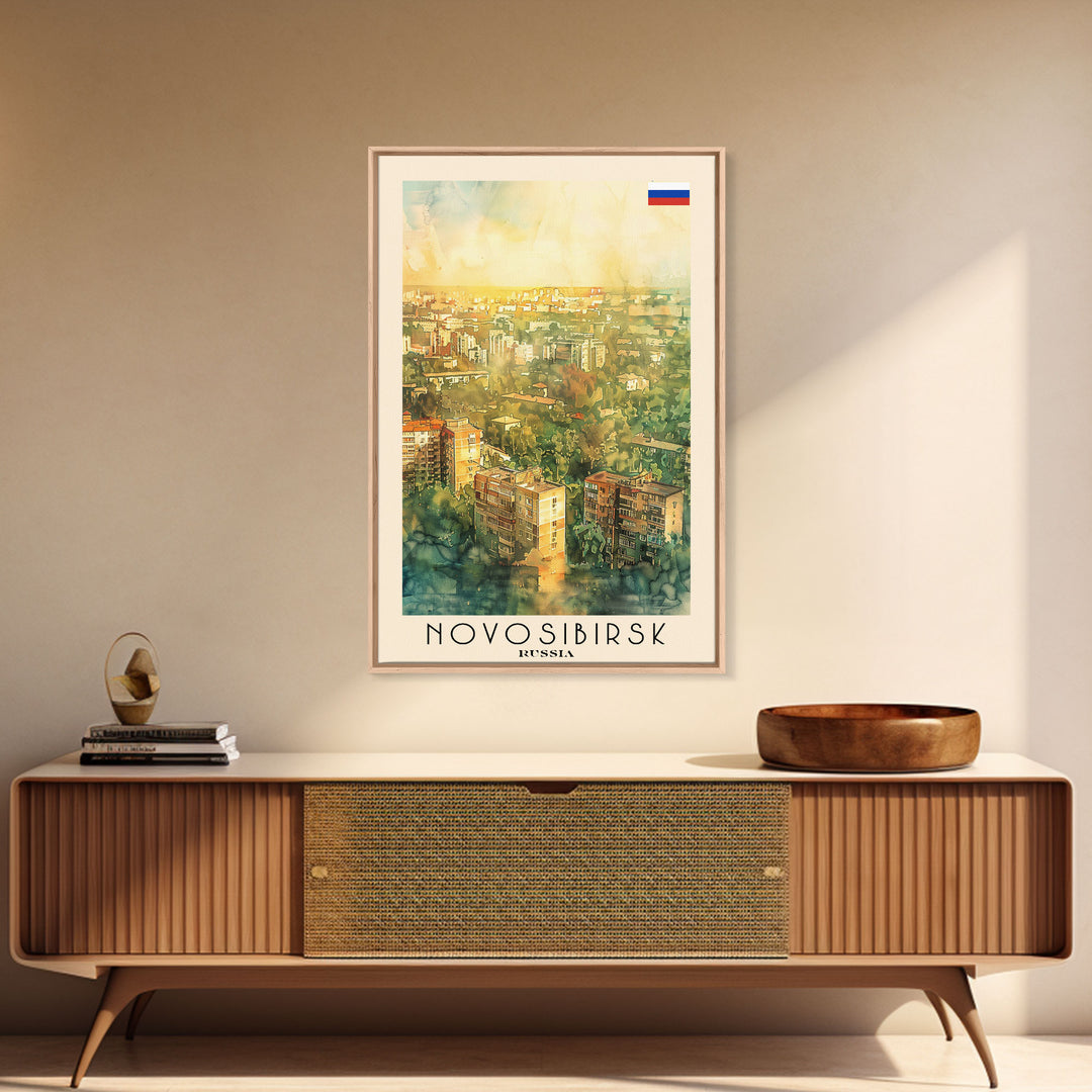 Novosibirsk Russia Travel Poster Framed Canvas Print, Watercolor Painting, Urban Wall Art, Home Decor, Russian Cityscape, Contemporary Art
