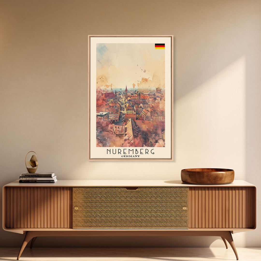 Nuremberg Germany Travel Poster Framed Canvas Print, Watercolor Painting, Historic Wall Art, Home Decor, German Architecture, Artistic Decor