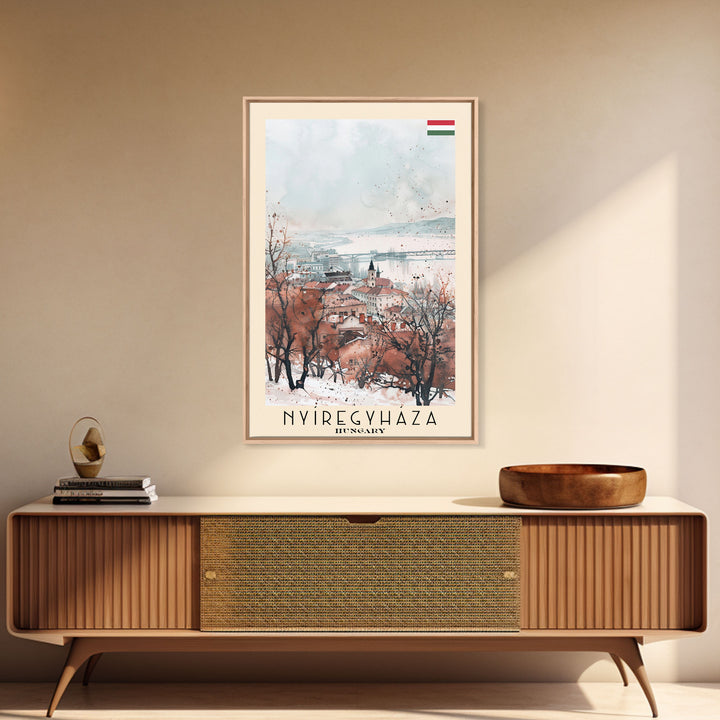 Nyiregyhaza Hungary Travel Poster Framed Canvas Print, Watercolor Painting, Scenic Wall Art, Home Decor, Hungarian Landscape, Rustic Art