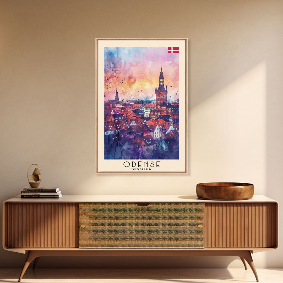 Odense Denmark Travel Poster Framed Canvas Print, Watercolor Painting, Scenic Wall Art, Home Decor, Danish Cityscape, Artistic Decor