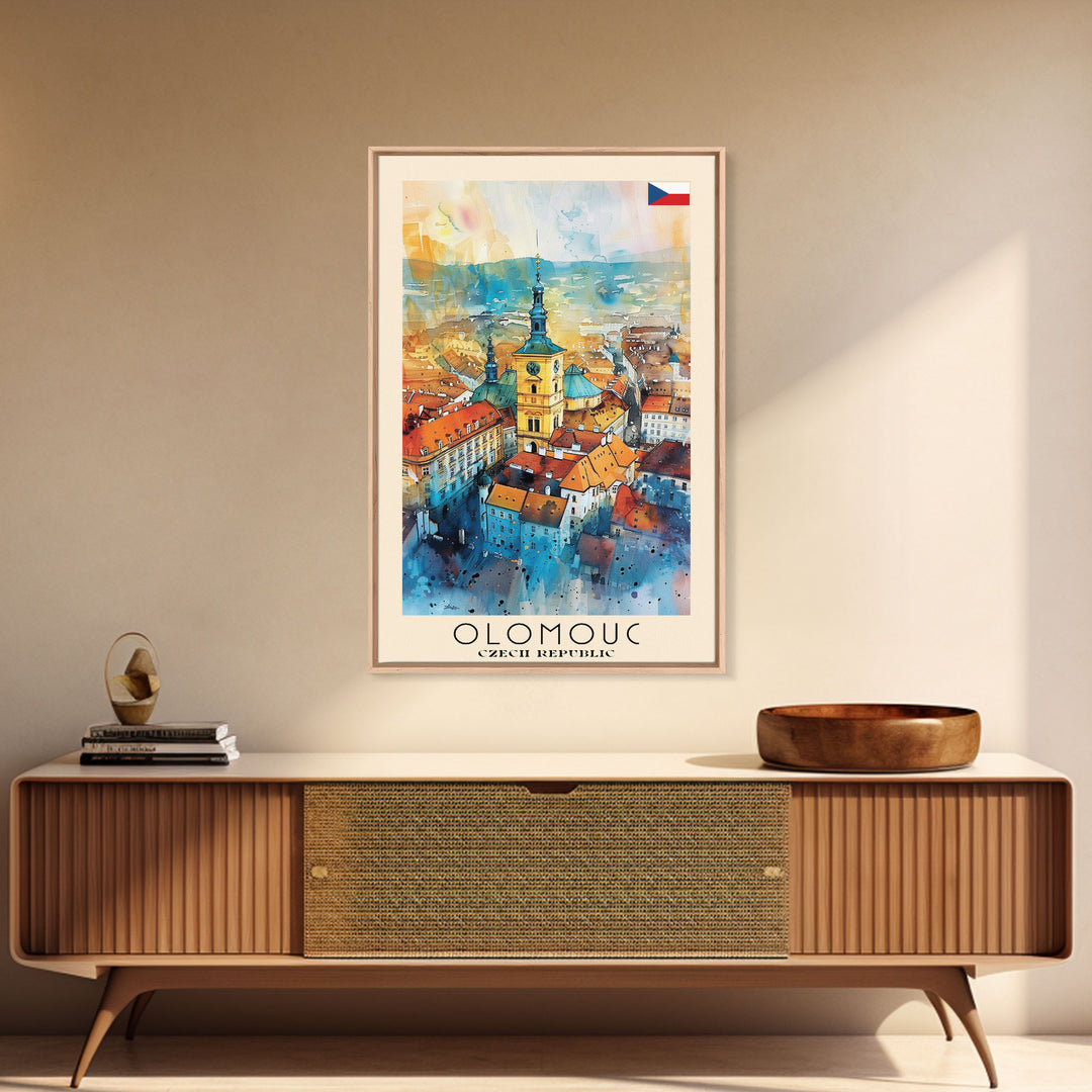 Olomouc Czech Travel Poster Framed Canvas Print, Watercolor Painting, Historic Wall Art, Home Decor, Czech Architecture, Vintage Style