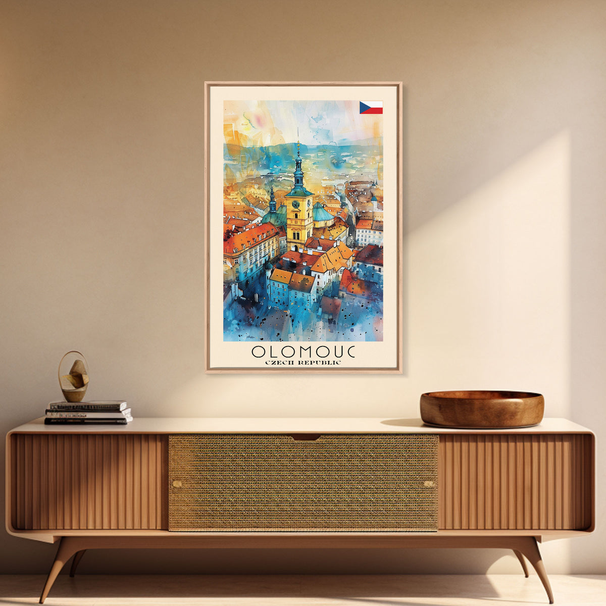 Olomouc Czech Travel Poster Framed Canvas Print, Watercolor Painting, Historic Wall Art, Home Decor, Czech Architecture, Vintage Style