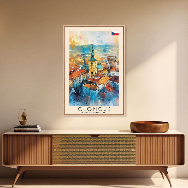 Olomouc Czech Travel Poster Framed Canvas Print, Watercolor Painting, Historic Wall Art, Home Decor, Czech Architecture, Vintage Style