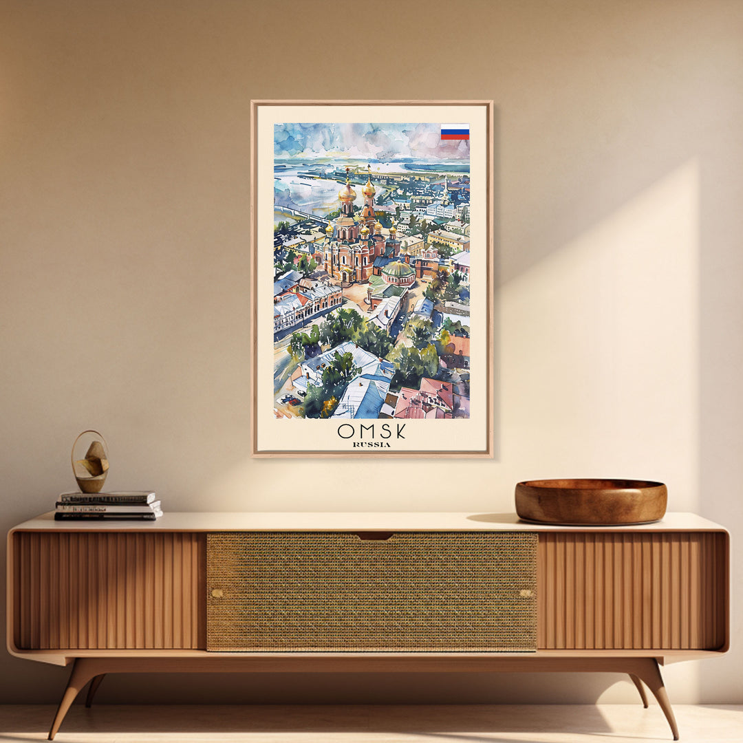 Omsk Russia Travel Poster Framed Canvas Print, Watercolor Painting, Urban Wall Art, Home Decor, Russian Cityscape, Modern Art