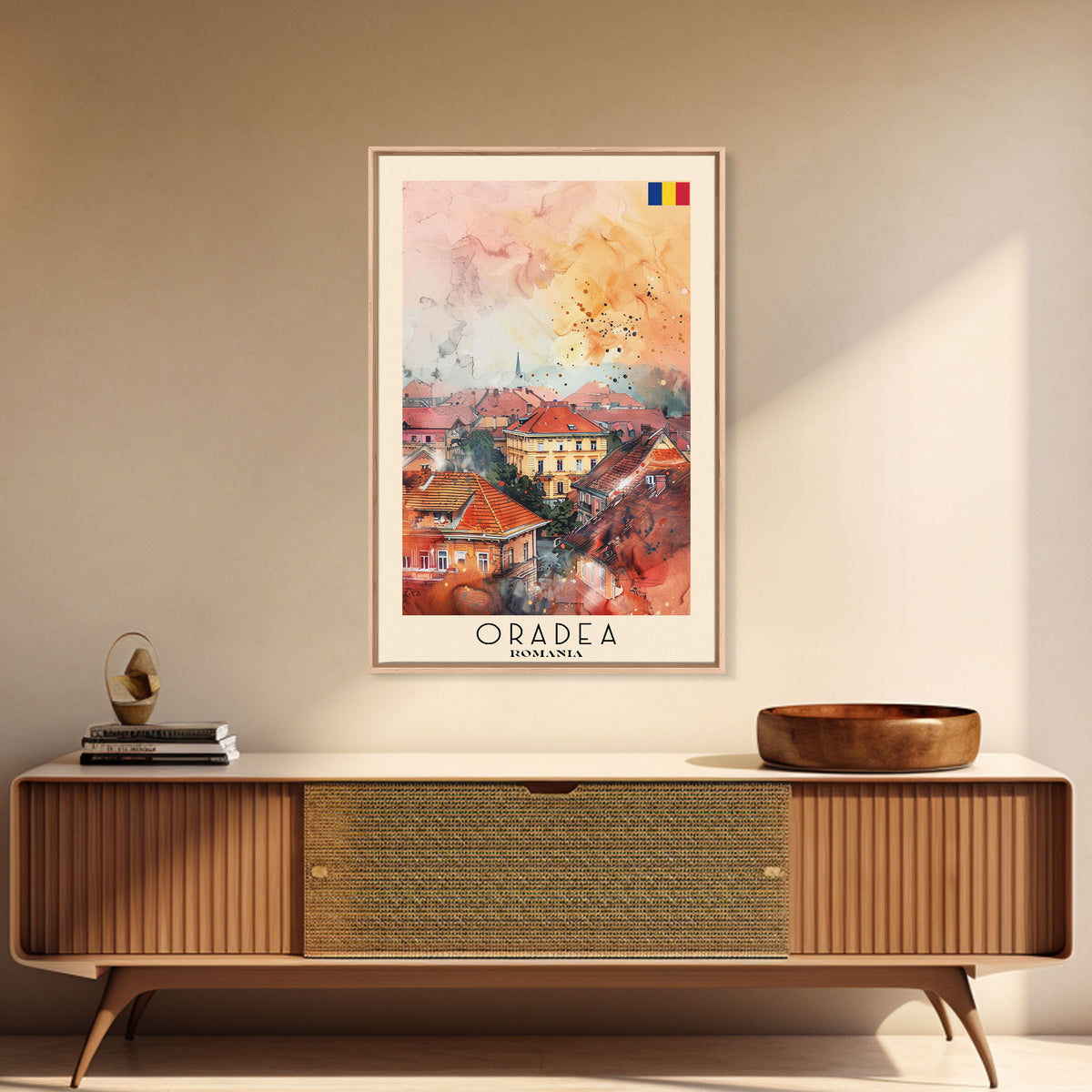 Oradea Romania Travel Poster Framed Canvas Print, Watercolor Painting, Scenic Wall Art, Home Decor, Romanian Architecture, Artistic Decor