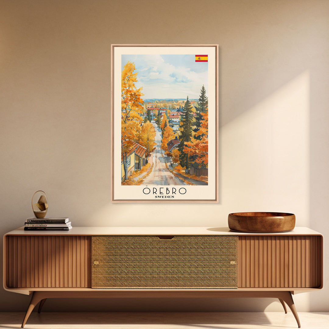 Orebro Sweden Travel Poster Framed Canvas Print, Watercolor Painting, Scenic Wall Art, Home Decor, Swedish Landscape, Minimalist Art