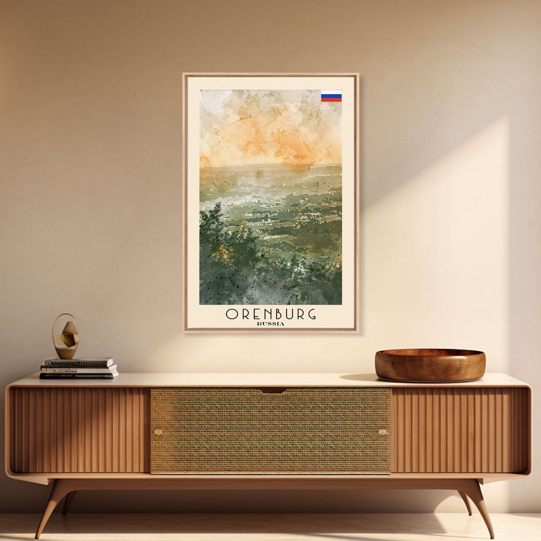 Orenburg Russia Travel Poster Framed Canvas Print, Watercolor Painting, Urban Wall Art, Home Decor, Russian Architecture, Contemporary Art