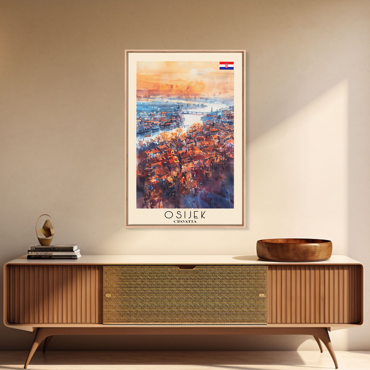Osijek Croatia Travel Poster Framed Canvas Print, Watercolor Painting, Scenic Wall Art, Home Decor, Croatian Landscape, Rustic Art