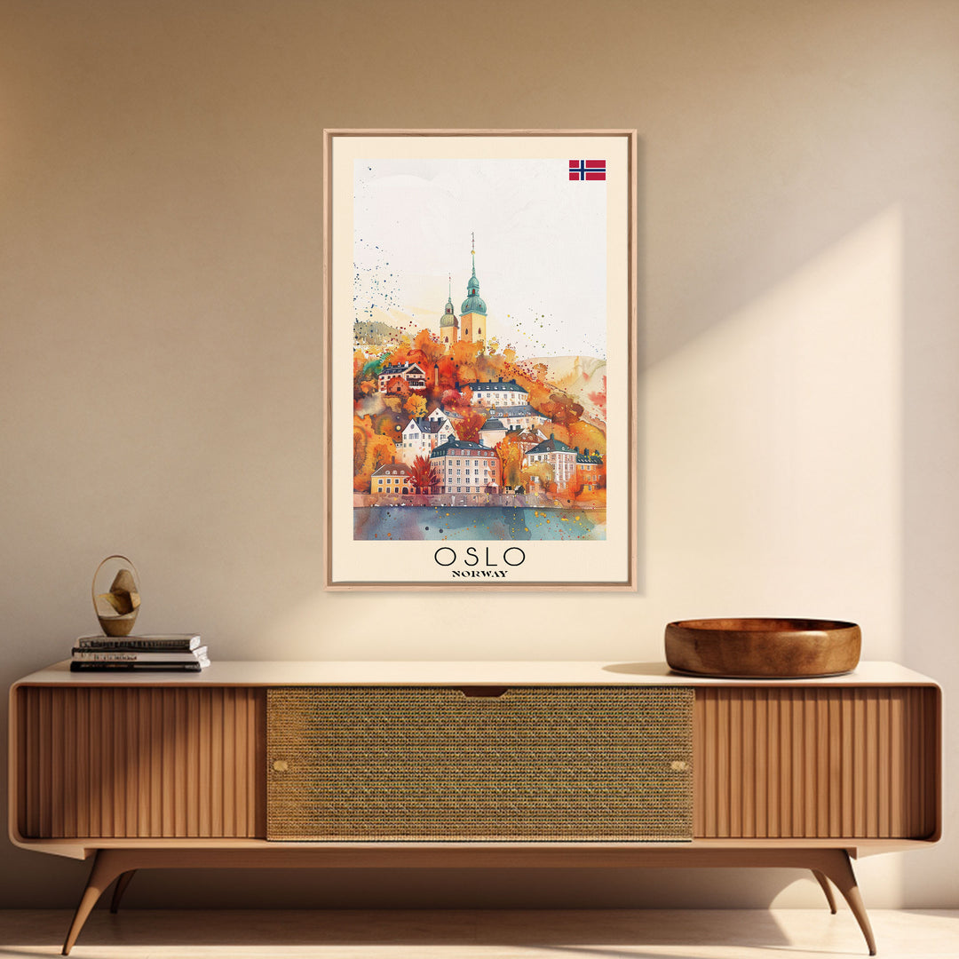 Oslo Norway Travel Poster Framed Canvas Print, Watercolor Painting, Scenic Wall Art, Home Decor, Norwegian Cityscape, Modern Decor