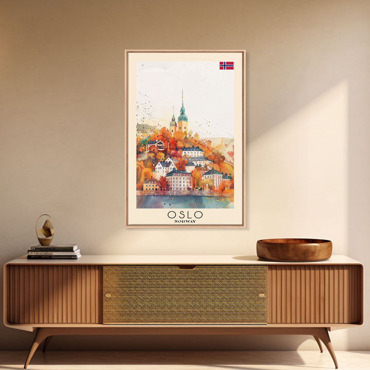 Oslo Norway Travel Poster Framed Canvas Print, Watercolor Painting, Scenic Wall Art, Home Decor, Norwegian Cityscape, Modern Decor