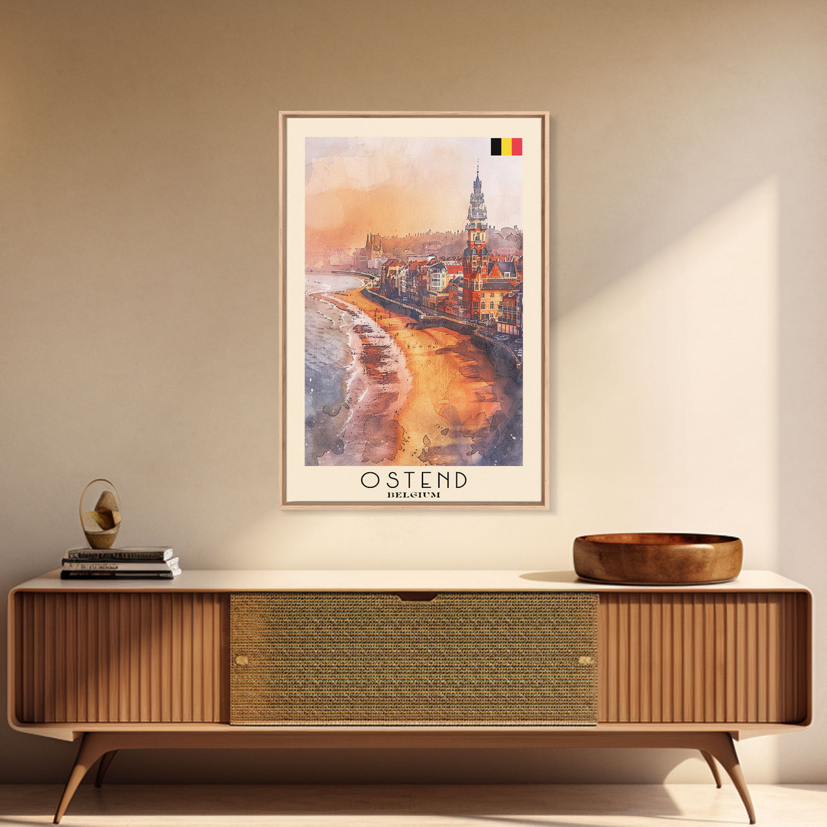 Ostend Belgium Travel Poster Framed Canvas Print, Watercolor Painting, Coastal Wall Art, Home Decor, Belgian Seaside, Vibrant Art