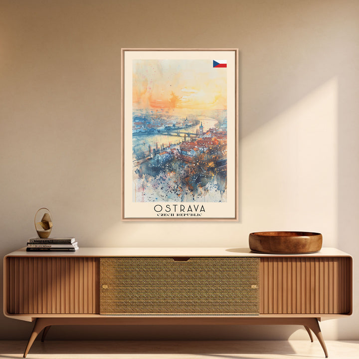 Ostrava Czech Travel Poster Framed Canvas Print, Watercolor Painting, Urban Wall Art, Home Decor, Czech Cityscape, Vintage Style