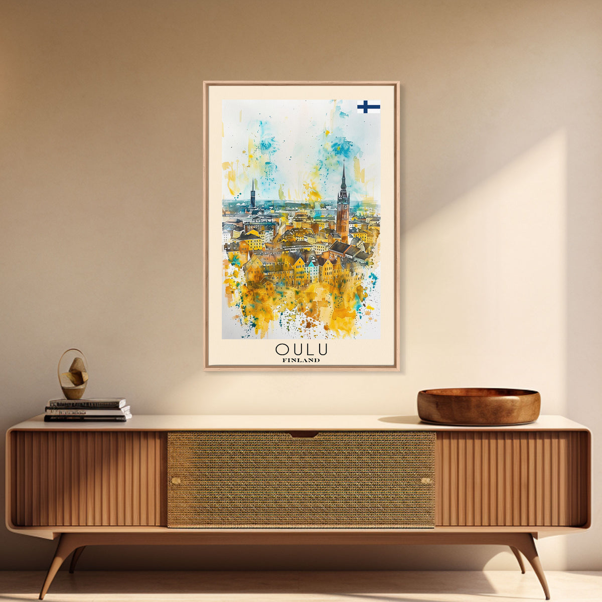 Oulu Finland Travel Poster Framed Canvas Print, Watercolor Painting, Scenic Wall Art, Home Decor, Finnish Landscape, Artistic Decor