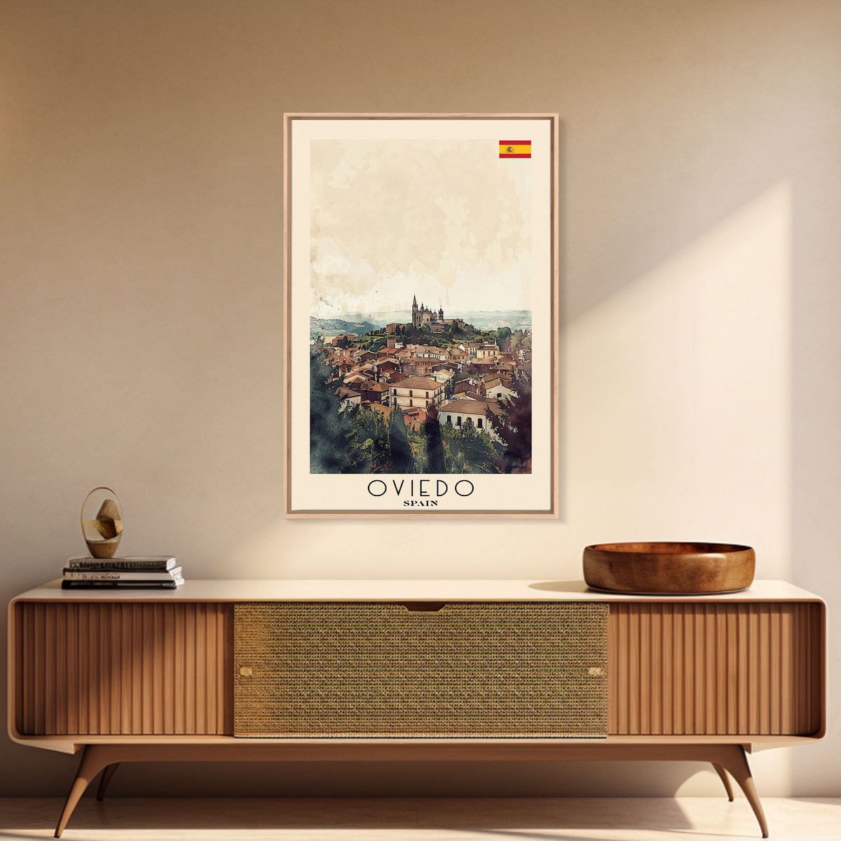Oviedo Spain Travel Poster Framed Canvas Print, Watercolor Painting, Scenic Wall Art, Home Decor, Spanish Cityscape, Classic Art