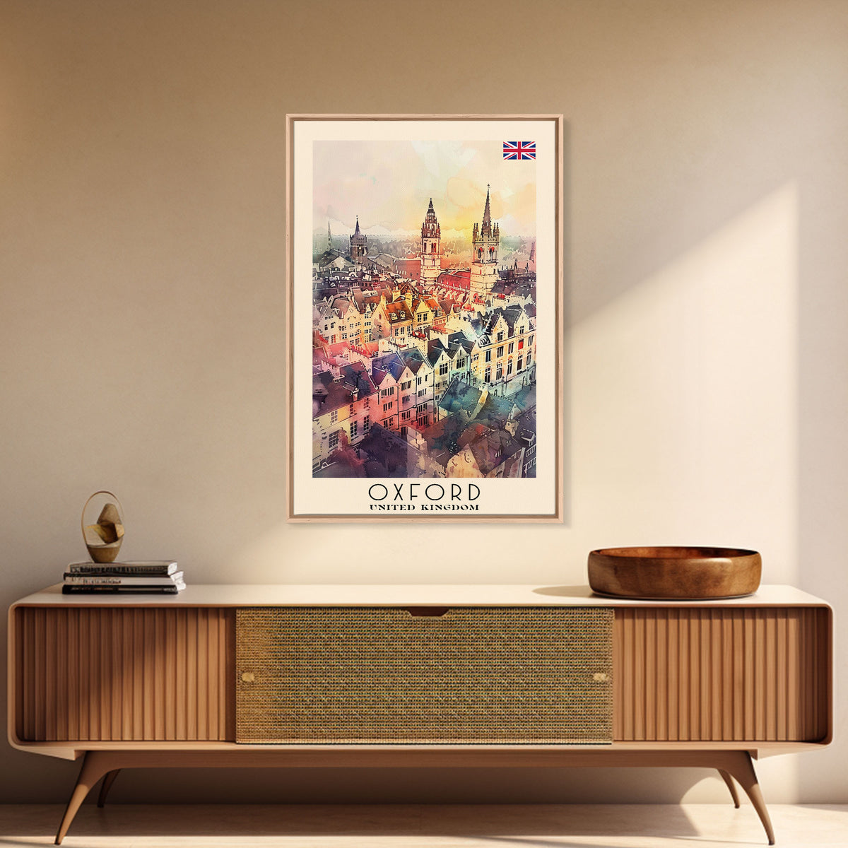 Oxford United Kingdom Travel Poster Framed Canvas Print, Watercolor Painting, Historic Wall Art, Home Decor, British Architecture, Artistic Decor