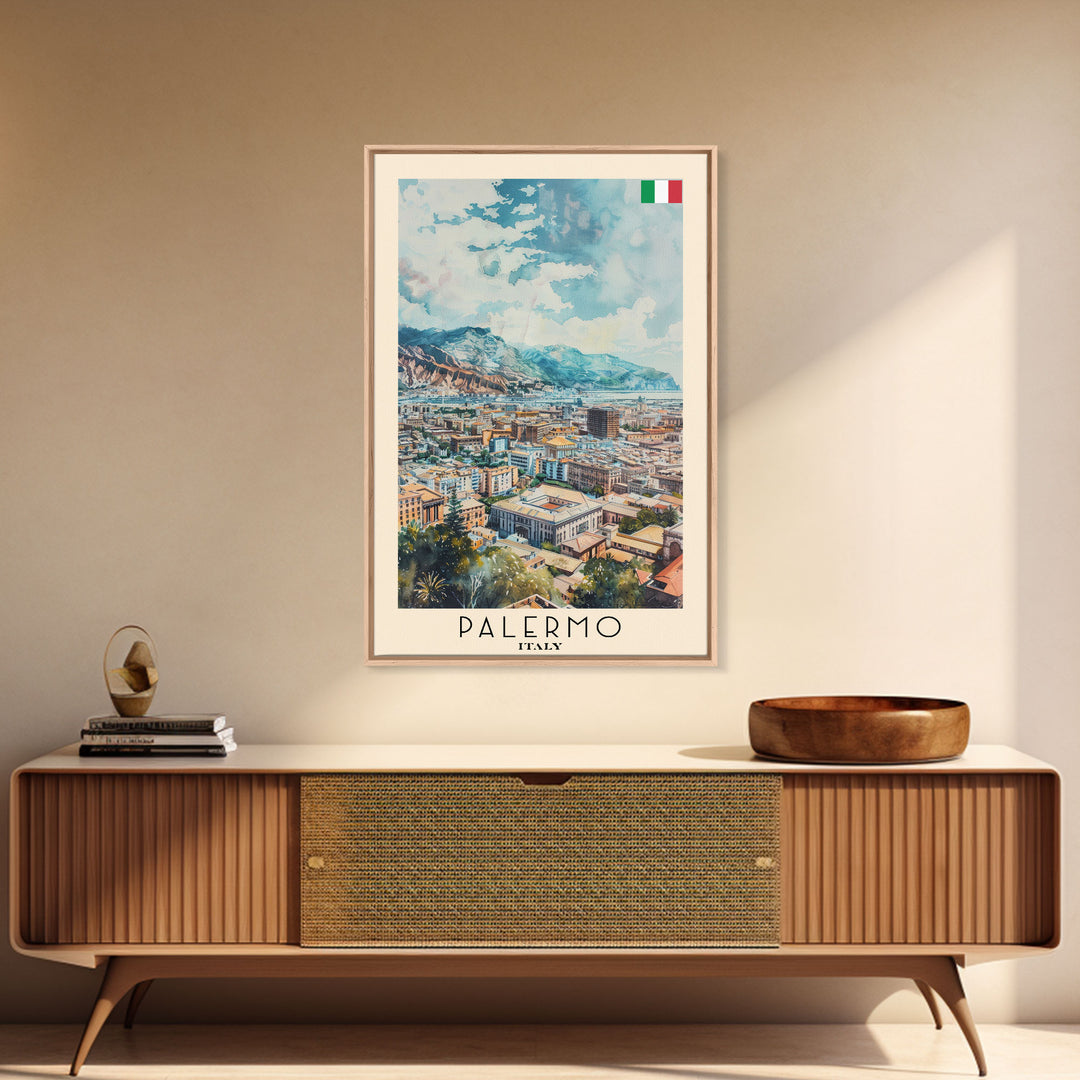 Palermo Italy Travel Poster Framed Canvas Print, Watercolor Painting, Coastal Wall Art, Home Decor, Italian Seaside, Vibrant Art