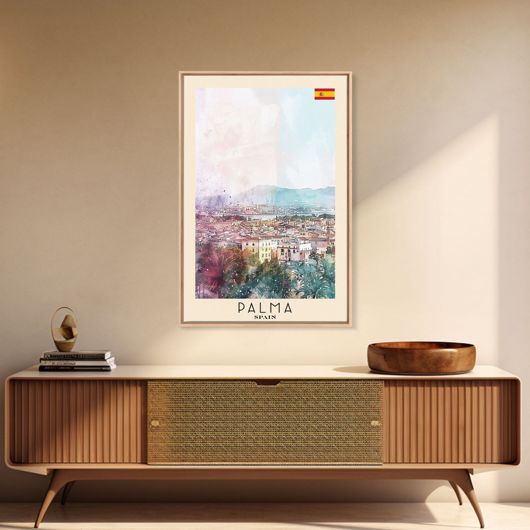 Palma Spain Travel Poster Framed Canvas Print, Watercolor Painting, Scenic Wall Art, Home Decor, Spanish Landscape, Minimalist Art