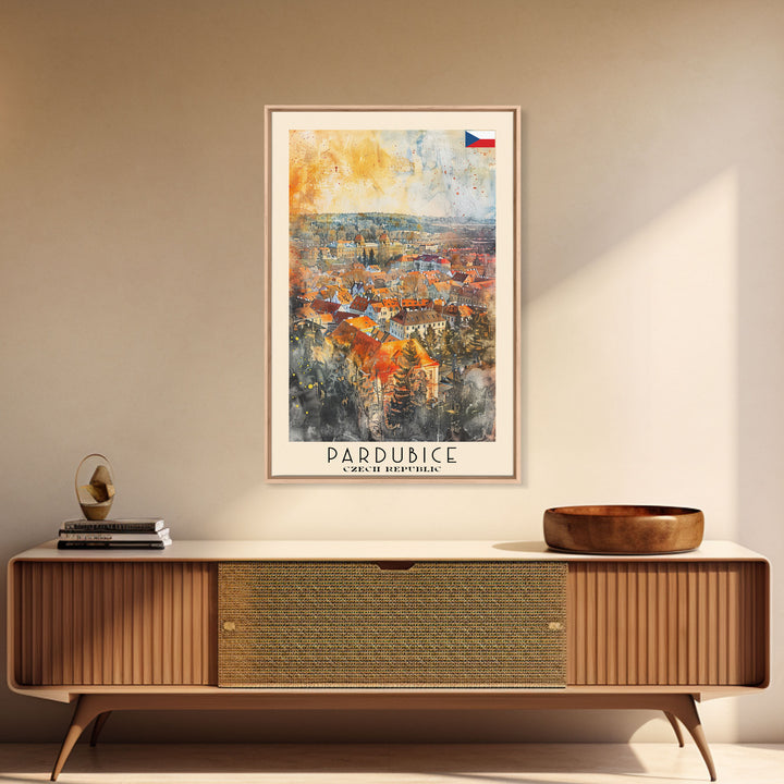 Pardubice Czech Travel Poster Framed Canvas Print, Watercolor Painting, Urban Wall Art, Home Decor, Czech Architecture, Vintage Style