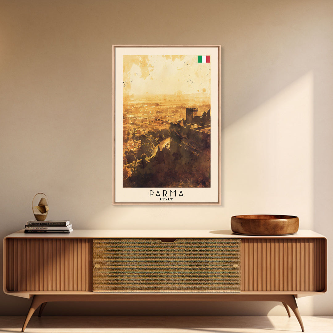 Parma Italy Travel Poster Framed Canvas Print, Watercolor Painting, Scenic Wall Art, Home Decor, Italian Architecture, Modern Art