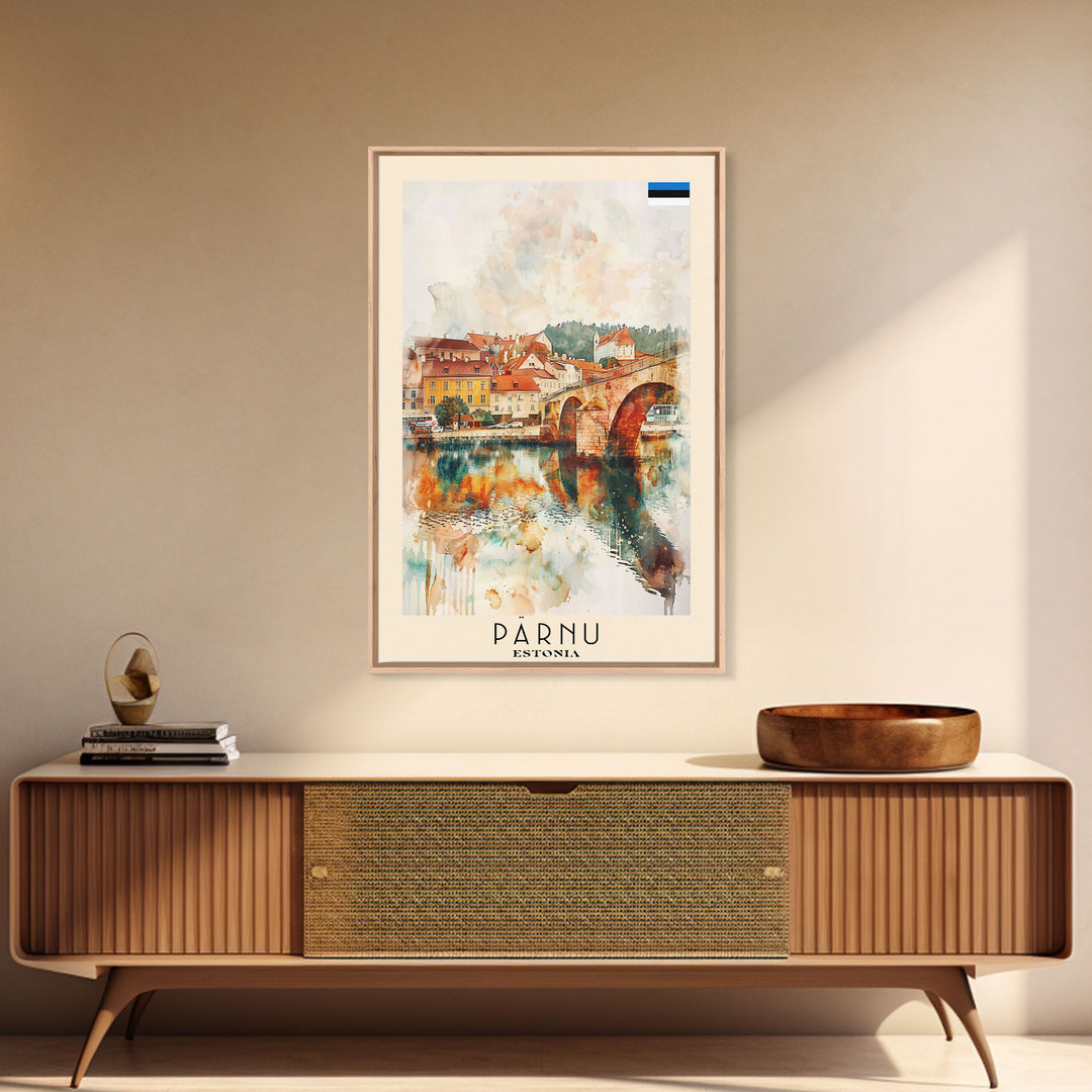 Parnu Estonia Travel Poster Framed Canvas Print, Watercolor Painting, Scenic Wall Art, Home Decor, Estonian Landscape, Artistic Decor