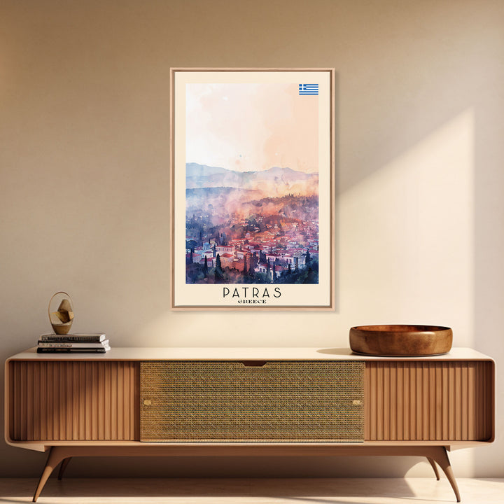 Patras Greece Travel Poster Framed Canvas Print, Watercolor Painting, Scenic Wall Art, Home Decor, Greek Seaside, Vibrant Art