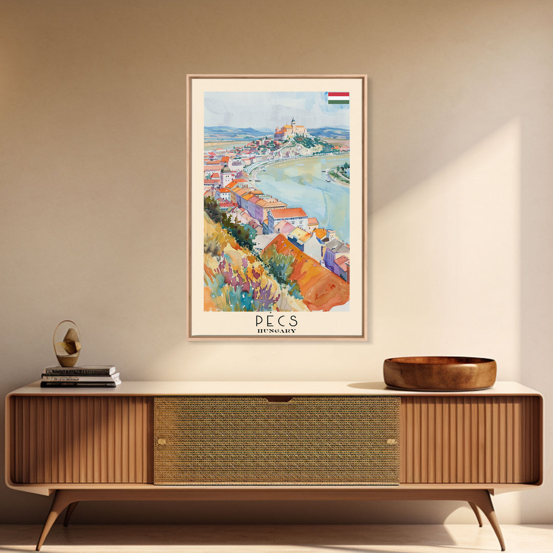 Pecs Hungary Travel Poster Framed Canvas Print, Watercolor Painting, Scenic Wall Art, Home Decor, Hungarian Cityscape, Minimalist Art