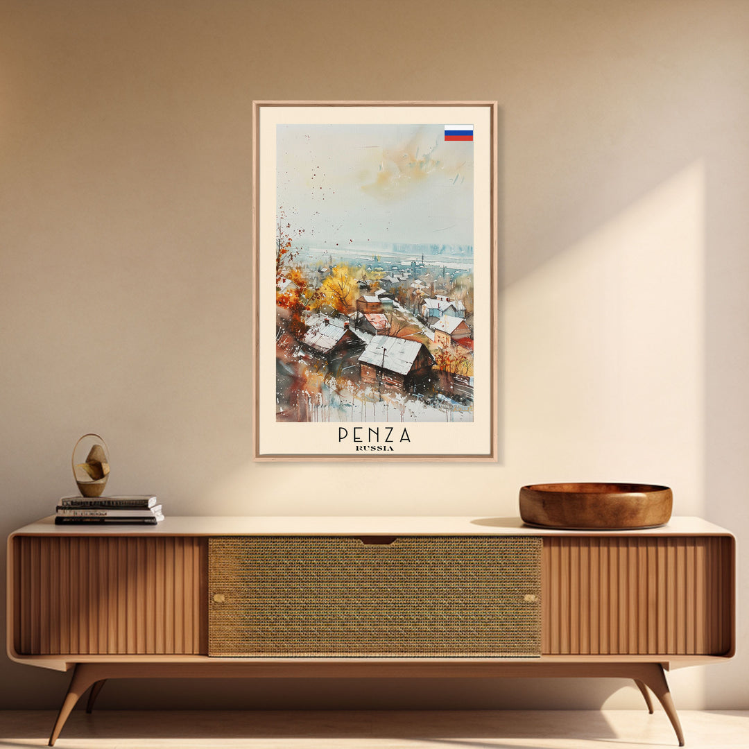 Penza Russia Travel Poster Framed Canvas Print, Watercolor Painting, Urban Wall Art, Home Decor, Russian Cityscape, Contemporary Art