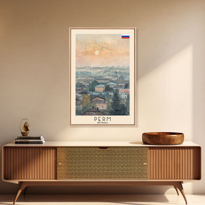 Perm Russia Travel Poster Framed Canvas Print, Watercolor Painting, Scenic Wall Art, Home Decor, Russian Landscape, Urban Art