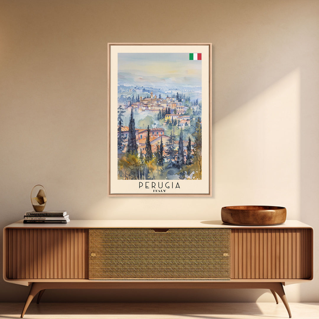 Perugia Italy Travel Poster Framed Canvas Print, Watercolor Painting, Scenic Wall Art, Home Decor, Italian Cityscape, Classic Art