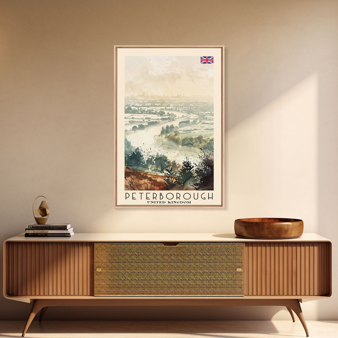 Peterborough United Kingdom Travel Poster Framed Canvas Print, Watercolor Painting, Historic Wall Art, Home Decor, British Architecture, Artistic Decor