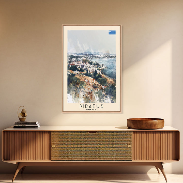 Piraeus Greece Travel Poster Framed Canvas Print, Watercolor Painting, Coastal Wall Art, Home Decor, Greek Seaside, Vibrant Art