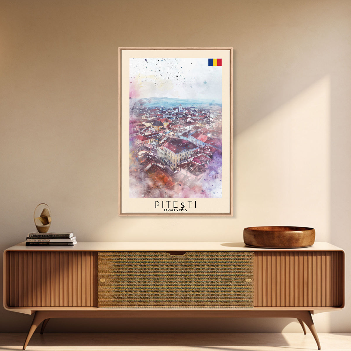 Piteti Romania Travel Poster Framed Canvas Print, Watercolor Painting, Scenic Wall Art, Home Decor, Romanian Cityscape, Classic Art