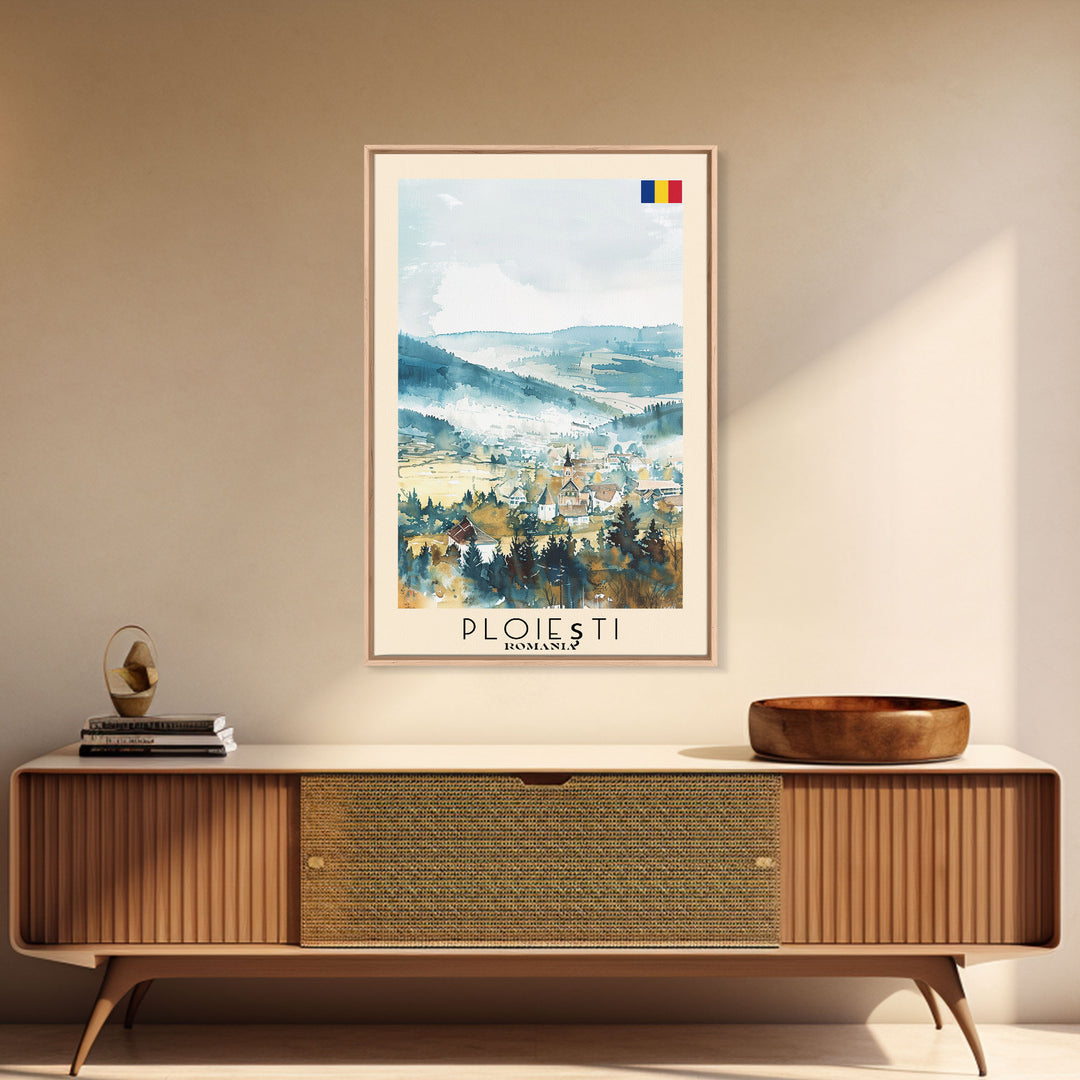 Ploiesti Romania Travel Poster Framed Canvas Print, Watercolor Painting, Scenic Wall Art, Home Decor, Romanian Landscape, Artistic Decor