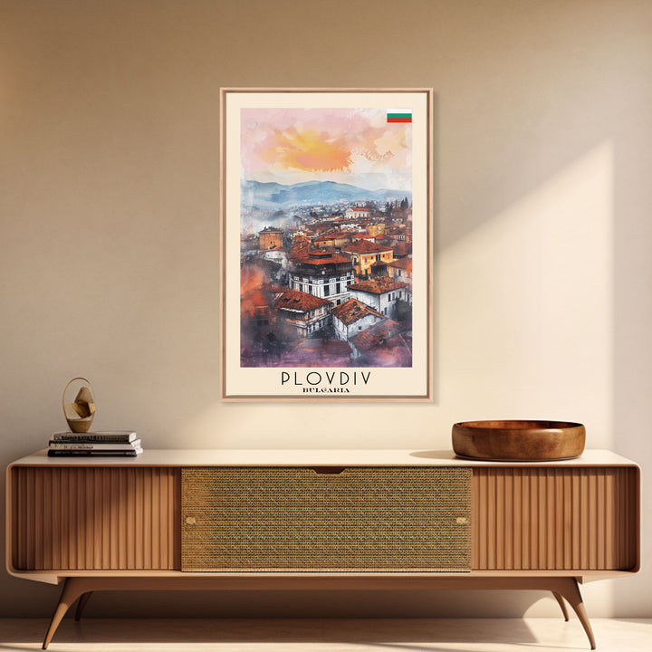 Plovdiv Bulgaria Travel Poster Framed Canvas Print, Watercolor Painting, Historic Wall Art, Home Decor, Bulgarian Cityscape, Classic Art